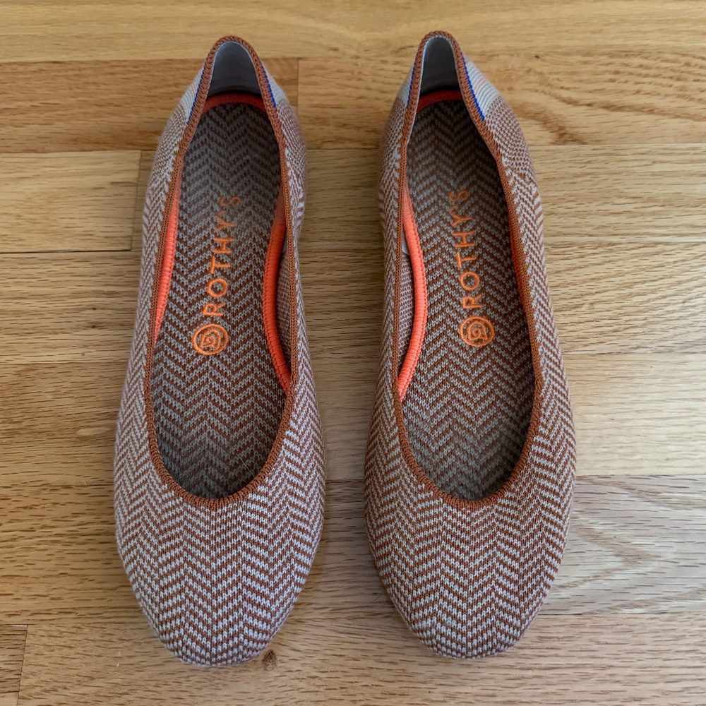 Rothy's Brown Chevron Knit Flats with Orange Accents